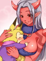 Rule 34 | 1girl, blush, bracelet, breast smother, breasts, cleavage, colored skin, dragon quest, dragon quest x, face to breasts, grabbing, grabbing another&#039;s breast, horns, hug, jewelry, large breasts, long hair, nemunoya, ogre (dq10), pointy ears, red eyes, red skin, simple background, size difference, smile, tears, white hair