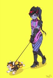 Rule 34 | 1girl, :|, animal, animalization, bad id, bad twitter id, bodysuit, bomber jacket, brown hair, center opening, closed mouth, clothed animal, colored skin, dog, pet walking, gloves, goggles, head-mounted display, headgear, high heels, ilhi, jacket, leash, long hair, overwatch, overwatch 1, ponytail, purple hair, purple skin, short hair, signature, simple background, spiked hair, tracer (overwatch), widowmaker (overwatch), yellow background