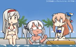 Rule 34 | 3girls, bikini, blue sky, breasts, brown eyes, cleavage, cloud, commentary request, dark-skinned female, dark skin, dated, day, glasses, hair ornament, hair ribbon, hairband, hamu koutarou, headgear, highres, inflatable raft, johnston (kancolle), kantai collection, light brown hair, long hair, medium breasts, multiple girls, musashi (kancolle), musashi kai ni (kancolle), outdoors, palm tree, poolside, red hair, ribbon, sarashi, shoukaku (kancolle), silver hair, sky, swimsuit, tree, twintails, two side up, white bikini, x navel