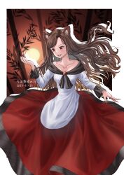 Rule 34 | 1girl, animal ears, bamboo, blush, breasts, brooch, brown hair, collarbone, dated, dress, fingernails, highres, imaizumi kagerou, jewelry, kyabekko, long fingernails, long hair, long sleeves, nail polish, open mouth, red dress, red eyes, red nails, sharp fingernails, small breasts, smile, solo, touhou, white dress, wolf ears