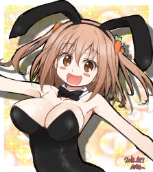 Rule 34 | 1girl, :d, animal ears, bare shoulders, blush, blush stickers, breasts, brown eyes, brown hair, carrot, cleavage, detached collar, fake animal ears, hair ornament, hataraku maou-sama!, large breasts, leotard, naz (garyuuya), open mouth, playboy bunny, rabbit ears, sasaki chiho, short hair, short twintails, smile, solo, twintails, two side up