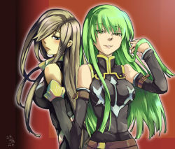 Rule 34 | 00s, adjusting hair, back-to-back, brown hair, c.c., code geass, crossover, detached sleeves, green hair, long hair, voice actor connection, tales of (series), tales of the abyss, tear grants, yukana