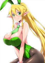 Rule 34 | 1girl, alternate costume, animal ears, between breasts, blonde hair, blush, braid, breasts, cleavage, detached collar, elf, fake animal ears, green eyes, green leotard, hair between eyes, highleg, highleg leotard, highres, impossible clothes, impossible leotard, island (kossori), large breasts, leafa, leotard, long hair, looking at viewer, necktie, necktie between breasts, pantyhose, playboy bunny, pointy ears, ponytail, rabbit ears, shiny clothes, shiny skin, side-tie leotard, side braids, simple background, sitting, smile, solo, sword art online, twin braids, white background, wrist cuffs