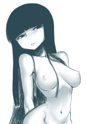 Rule 34 | 1girl, bad id, bad pixiv id, black hair, blush, breasts, contrapposto, female focus, greyscale, hime cut, houraisan kaguya, long hair, medium breasts, monochrome, navel, nipples, no nose, nude, out-of-frame censoring, simple background, sketch, solo, spacezin, touhou, white background, wide hips