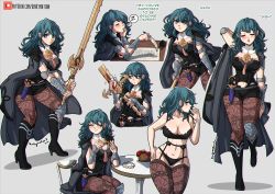 Rule 34 | 1girl, blood, blood on face, bloody weapon, blue eyes, blush, boots, bra, breasts, brown pantyhose, byleth (female) (fire emblem), byleth (fire emblem), character sheet, closed eyes, cup, dagger, english text, fire emblem, fire emblem: three houses, green hair, grey background, hair between eyes, high heel boots, high heels, highres, holding, holding weapon, jacket, jacket on shoulders, kinkymation, knife, lace, lace-trimmed legwear, lace trim, large breasts, long hair, looking at viewer, messy hair, multiple views, navel, nintendo, open mouth, pantyhose, pantyhose under shorts, patreon username, print pantyhose, quill, shorts, simple background, sitting, smile, stance, sword of the creator, table, teacup, thighhighs, underwear, weapon