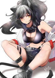 Rule 34 | 1girl, absurdres, animal ears, arknights, bare shoulders, belt, black belt, black footwear, black scarf, black scrunchie, black shirt, black shorts, breasts, cat ears, cat tail, chinese commentary, cleavage, closed mouth, commentary request, crop top, dated, ear piercing, floating hair, hair between eyes, highres, hinanawi mika, indian style, jacket, large breasts, long hair, looking at viewer, midriff, navel, off shoulder, open clothes, open jacket, piercing, ponytail, scarf, schwarz (arknights), scrunchie, shadow, shirt, shoes, short shorts, shorts, sidelocks, signature, silver hair, simple background, sitting, sleeveless, sleeveless shirt, solo, swept bangs, tail, thigh strap, white background, yellow eyes