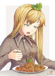 Rule 34 | 1girl, apoidea, blonde hair, eating, eyelashes, food, food on head, fork, green eyes, highres, long hair, meat, necktie, object on head, open mouth, original, pasta, plate, simple background, solo, spaghetti, upper body