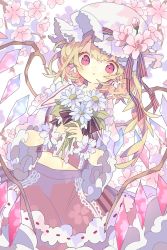 Rule 34 | 1girl, blonde hair, blush, branch, cherry blossoms, collared shirt, commentary, cowboy shot, crystal, flandre scarlet, flower, frilled shirt collar, frilled skirt, frilled sleeves, frills, hat, hat flower, hat ribbon, highres, holding, holding flower, long hair, long sleeves, looking at viewer, midriff, midriff peek, mob cap, navel, nikorashi-ka, one side up, parted lips, pink hat, pink shirt, pink theme, red eyes, red ribbon, red skirt, red vest, ribbon, ribbon-trimmed skirt, ribbon trim, shirt, skirt, solo, symbol-only commentary, tareme, touhou, vest, white flower, wide sleeves, wings, wrist cuffs