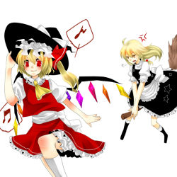 Rule 34 | 2girls, anger vein, annoyed, bad id, bad pixiv id, blonde hair, blush, body blush, borrowed clothes, braid, broom, chasing, female focus, flandre scarlet, hand on headwear, hat, headwear switch, kirisame marisa, kneehighs, multiple girls, musical note, one side up, ponytail, red eyes, running, short hair, side ponytail, simple background, smile, socks, theft, touhou, white socks, wings, witch, witch hat, yellow eyes, yutazou