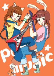 Rule 34 | animal ears, armband, blush, braid, brown eyes, cat ears, cuffs, guitar, instrument, long hair, overalls, plait, rabbit ears, shoes, sneakers, socks