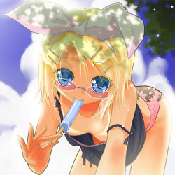 Rule 34 | 00s, 1girl, bent over, bespectacled, blonde hair, blue eyes, breasts, camisole, cloud, day, downblouse, eating, extended downblouse, flat chest, food, foreshortening, glasses, hair ornament, hairclip, kagamine rin, looking at viewer, looking over eyewear, no bra, popsicle, porurin (do-desho), shirt tan, short hair, sky, small breasts, solo, strap slip, tan, tanline, tree shade, vocaloid