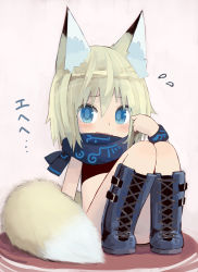 Rule 34 | 1girl, animal ears, blonde hair, blue eyes, blush, boots, bracelet, fox ears, fox tail, jewelry, looking at viewer, open mouth, original, paprika shikiso, scarf, short hair, simple background, sitting, solo, strapless, sweatdrop, tail, tube top
