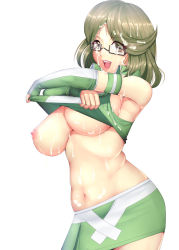 Rule 34 | 1girl, belly, breasts, brown eyes, chousoku henkei gyrozetter, clothes lift, cum, cum on body, cum on clothes, cum on eyewear, cum on hair, elbow gloves, glasses, gloves, green hair, harihisa, highres, large breasts, miniskirt, nipples, no bra, open mouth, race queen, shirt lift, short hair, shoudou kotoha, simple background, skirt, smile, solo, white background