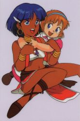 Rule 34 | 1990s (style), arms around neck, bandeau, blue eyes, blue hair, bob cut, bracelet, brown footwear, brown hair, child, cropped vest, cross-laced sandals, dark-skinned female, dark skin, dress, earrings, freckles, fushigi no umi no nadia, gem, grey background, hair ornament, hairband, hairclip, hoop earrings, jewelry, marie en carlsberg, midriff, nadia la arwall, neck ring, necklace, non-web source, official art, open mouth, pelvic curtain, pendant, red vest, retro artstyle, sandals, scan, short hair, short sleeves, simple background, sitting, strapless, tube top, vest, white bandeau