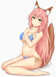 Rule 34 | 1girl, absurdres, animal ears, bikini, blue bikini, blush, breasts, cleavage, closed mouth, collarbone, fate/grand order, fate (series), finger to mouth, fox ears, fox tail, groin, highres, large breasts, long hair, looking at viewer, navel, pink hair, side-tie bikini bottom, simple background, sitting, solo, swimsuit, tail, tamamo (fate), tamamo no mae (fate/extra), tamamo no mae (swimsuit lancer) (fate), very long hair, white background, yellow eyes, yuyusuika