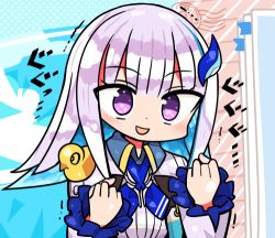 Rule 34 | 1girl, :d, blue hair, blue necktie, clenched hands, collared shirt, commentary request, hair ornament, hairclip, kanikama, lize helesta, long hair, lowres, multicolored hair, necktie, nijisanji, open mouth, purple eyes, rubber duck, shaking, shirt, smile, solo, translation request, virtual youtuber