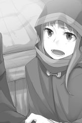 Rule 34 | 1girl, ayakura juu, cape, greyscale, holo, hood, hooded, long hair, monochrome, novel illustration, official art, open mouth, outdoors, shirt grab, spice and wolf