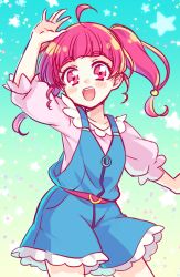 Rule 34 | 1girl, :d, ahoge, arm up, blue shorts, blunt bangs, blush, collarbone, cowboy shot, floating hair, hoshina hikaru, kousetsu, long hair, open mouth, pink shirt, precure, red eyes, red hair, shirt, shorts, sketch, smile, solo, standing, star twinkle precure, suspender shorts, suspenders, twintails