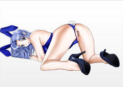 Rule 34 | 1girl, acht (jelly fish), all fours, animal ears, anus, asakura ryouko, ass, blue eyes, blue hair, censored, fake animal ears, from behind, high heels, long hair, looking back, matching hair/eyes, playboy bunny, pussy, rabbit ears, rabbit tail, simple background, solo, suzumiya haruhi no yuuutsu, tail