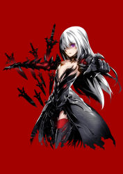 Rule 34 | 1girl, alternate costume, armor, armored dress, bare shoulders, black dress, breasts, cleavage, closers, detached collar, dress, gauntlets, greaves, hair over one eye, highres, long hair, official art, outstretched arms, purple eyes, red background, red thighhighs, seulbi lee, simple background, small breasts, solo, thighhighs, waifu2x, white hair