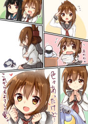Rule 34 | +++, 1boy, 3girls, :d, @ @, ^ ^, admiral (kancolle), black hair, black sailor collar, black skirt, blush, brown eyes, brown hair, clenched hands, closed eyes, comic, commentary request, crescent, crescent hair ornament, flying sweatdrops, folded ponytail, hair between eyes, hair ornament, hat, hatsuyuki (kancolle), heart, inazuma (kancolle), kantai collection, long hair, long sleeves, military, military uniform, multiple girls, naval uniform, neckerchief, open mouth, peaked cap, pleated skirt, purple hair, red neckerchief, sailor collar, salute, school uniform, serafuku, skirt, smile, sou (soutennkouchi), torn clothes, translation request, uniform, yayoi (kancolle)