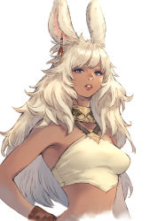 Rule 34 | 1girl, animal ears, bare shoulders, blue eyes, bracelet, breasts, commentary request, dark-skinned female, dark skin, earrings, final fantasy, final fantasy xiv, halterneck, hand on own hip, highres, jewelry, lips, long hair, looking at viewer, makimura shunsuke, medium breasts, midriff, mole, mole under eye, parted lips, rabbit ears, shiny skin, simple background, sleeveless, solo, upper body, viera, warrior of light (ff14), white background, white hair