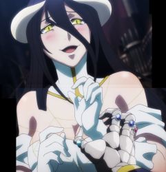 Rule 34 | 1boy, 1girl, albedo (overlord), bare shoulders, black hair, blush, breasts, cleavage, demon, demon girl, dress, gloves, happy, highres, horns, large breasts, long hair, looking at viewer, open mouth, overlord (maruyama), screencap, simple background, stitched, third-party edit, yellow eyes