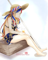 Rule 34 | 1girl, absurdres, alternate costume, bad id, bad pixiv id, bare arms, bare legs, barefoot, blonde hair, blue eyes, blue hair, blue sky, character name, closed mouth, cloud, cloudy sky, commandant teste (kancolle), commentary request, cup, dated, front-tie top, hat, hat ribbon, highres, holding, holding cup, kantai collection, long hair, multicolored hair, pole, red hair, ribbon, sitting, sitting on object, skirt, sky, solo, straw hat, streaked hair, swept bangs, swimsuit, thighs, twitter username, velchi, wavy hair, white hair