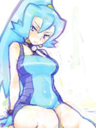 Rule 34 | 00s, 1girl, arms behind back, bad id, bad pixiv id, bare shoulders, blue gloves, blue hair, clair (pokemon), covered navel, creatures (company), game freak, gloves, gym leader, leotard, long hair, looking away, looking to the side, mo-mo, nintendo, pokemon, pokemon hgss, ponytail, purple eyes, simple background, sitting, solo, tegaki, white background