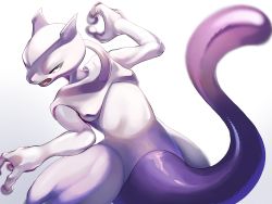 Rule 34 | bad id, bad pixiv id, blurry, commentary, creatures (company), game freak, gen 1 pokemon, highres, legendary pokemon, looking to the side, mewtwo, mian (3zandora), nintendo, open mouth, pink eyes, pokemon, pokemon (creature), shiny skin, shoulder blades, solo, tongue