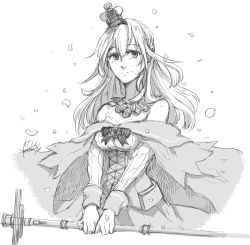 Rule 34 | 1girl, bare shoulders, blush, braid, breasts, chain, cleavage, closed mouth, collarbone, corset, cropped torso, crown, dated, dress, flower, french braid, greyscale, hair between eyes, hair over shoulder, hairband, holding, holding scepter, jewelry, kantai collection, long hair, long sleeves, looking at viewer, machinery, mini crown, monochrome, necklace, off-shoulder dress, off shoulder, petals, ribbon, rose, scepter, signature, smile, solo, warspite (kancolle), yamada rei (rou)