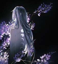 Rule 34 | 1boy, arms at sides, back, back tattoo, black background, black hair, branch, commentary, completely nude, flower, from behind, hair between eyes, hair over shoulder, long hair, looking to the side, looking up, male focus, moon phases, nude, onmyoji, parted lips, purple flower, purple theme, solo, straight hair, susabi (onmyoji), tattoo, upper body, very long hair, ye (ran chiiipye)