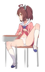 Rule 34 | 1girl, ahoge, brown hair, buttons, cardigan, chair, closed mouth, desk, dress, full body, hair between eyes, headgear, highres, open cardigan, open clothes, orange eyes, panties, pink cardigan, red dress, sailor collar, sailor dress, school chair, school desk, shoes, short hair, simple background, sitting, socks, solo, touhoku kiritan, two side up, underwear, voiceroid, white background, white panties, white sailor collar, white socks, yamamomo (plank)