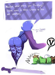 Rule 34 | 1boy, 1girl, alternate legwear, ass, bent over, blonde hair, blue hair, blue skin, brown hair, cape, castration, colored skin, english text, fetal position, fi (zelda), hat, link, lying, master sword, nintendo, no arms, no panties, on side, pain, pointy ears, sho-n-d, short hair, simple background, sword, the legend of zelda, the legend of zelda: skyward sword, thighhighs, weapon, white background