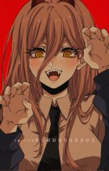 Rule 34 | 1girl, black necktie, blonde hair, breasts, chainsaw man, claw pose, collared shirt, criis-chan, cross-shaped pupils, demon horns, grey shirt, hair between eyes, hands up, horns, jacket, large breasts, long hair, looking at viewer, necktie, open mouth, orange eyes, portrait, power (chainsaw man), red background, red eyes, red horns, sharp teeth, shirt, simple background, smile, solo, symbol-shaped pupils, teeth, twitter username