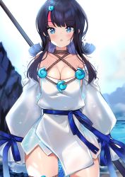 Rule 34 | 1girl, absurdres, bare shoulders, black hair, blue eyes, blue ribbon, blue sky, blush, breasts, chestnut mouth, cleavage, collarbone, dan gan, dress, fate/grand order, fate/requiem, fate (series), highres, jewelry, large breasts, long sleeves, looking at viewer, magatama, magatama hair ornament, medium breasts, medium hair, multicolored hair, necklace, ocean, open mouth, pelvic curtain, pink hair, polearm, puffy long sleeves, puffy sleeves, ribbon, seigaiha, short dress, sideboob, sideless outfit, sky, solo, sparkle, spear, streaked hair, thighs, utsumi erice, wading, water, weapon, wet, white dress
