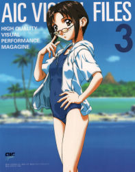 Rule 34 | 1990s (style), 1998, 1girl, aic, beach, blue one-piece swimsuit, brown eyes, brown hair, dated, day, finger to face, hand on own hip, highres, official art, one-piece swimsuit, outdoors, retro artstyle, short hair, short sleeves, smile, solo, swimsuit