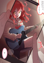 Rule 34 | absurdres, bocchi the rock!, bow, cellphone, crossed legs, green eyes, guitar, hair between eyes, highres, holding, holding instrument, instrument, kita ikuyo, one side up, phone, red bow, red hair, smartphone, strings-lover, tagme, taking picture, translation request