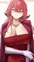 Rule 34 | 1girl, absurdres, aru (blue archive), aru (dress) (blue archive), blue archive, blush, breasts, cleavage, coat, coat on shoulders, commentary, demon horns, dress, earrings, gloves, halo, head tilt, highres, horns, huge breasts, jewelry, long hair, looking at viewer, necklace, pink hair, red coat, red dress, san (harutuki 3), simple background, solo, upper body, white background, white gloves