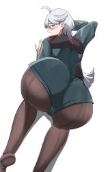 Rule 34 | 1girl, absurdres, ahoge, all fours, ass, ass focus, bellone, blush, embarrassed, from above, from behind, grey eyes, gundam, gundam suisei no majo, highres, huge ass, long hair, looking at viewer, looking back, military, military uniform, miorine rembran, open mouth, pantyhose, pantyhose under shorts, short shorts, shorts, solo, top-down bottom-up, uniform, very long hair, white hair