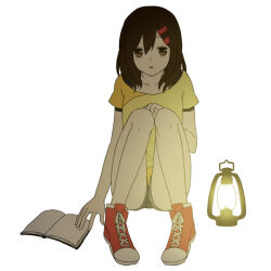 Rule 34 | 1girl, alternate costume, ankle socks, backlighting, bad id, bad pixiv id, blue shorts, book, brown eyes, brown hair, casual, collarbone, commentary, cross-laced footwear, double-parted bangs, full body, hair between eyes, hair ornament, hairclip, hand on own knee, kagerou project, lantern, legs, looking at viewer, medium hair, mekakucity actors, no scarf, off-shoulder shirt, off shoulder, open book, parted lips, red footwear, shirt, shoelaces, shoes, short shorts, short sleeves, shorts, simple background, sitting, socks, solo, tateyama ayano, tonari (z7x8c9), two-tone footwear, white background, white footwear, white socks, yellow shirt