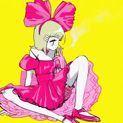 Rule 34 | 1girl, ballet slippers, bare legs, bare shoulders, blonde hair, bloomers, blue eyes, bow, bow hairband, breasts, choker, cigarette, collarbone, dress, frilled dress, frills, hair bow, hair ornament, hairband, hairclip, highres, holding, holding cigarette, kagamine rin, large bow, pale skin, pink bloomers, pink bow, pink choker, pink dress, shimeji (user fkzg7225), short hair, sketch, skinny, small breasts, smoking, solo, spread legs, underwear, vocaloid, yellow background