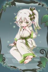 Rule 34 | 1girl, absurdres, barefoot, belt, blush, bracelet, chinese commentary, colored tips, commentary request, dot nose, dougi, feet, full body, genshin impact, green belt, green eyes, green hair, green trim, grey background, hair between eyes, highres, jewelry, kuma-bound, long hair, martial arts belt, multicolored hair, nahida (genshin impact), open mouth, pants, side ponytail, sitting, soles, solo, sweat, toes, two-tone hair, white hair, white pants