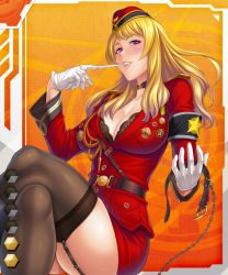 Rule 34 | 00s, 1girl, beret, blonde hair, breasts, card (medium), card (orange-r), card (r), chain, cleavage, collar, eliza bartley, garter belt, gloves, hat, large breasts, lilith-soft, long hair, military, military uniform, taimanin (series), taimanin asagi, taimanin asagi battle arena all card gallery, taimanin asagi kessen arena, thighhighs, uniform, zol