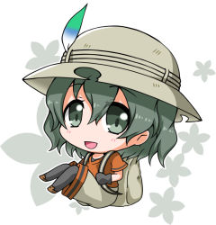 Rule 34 | 10s, 1girl, :d, backpack, bad id, bad pixiv id, bag, black eyes, black gloves, black hair, blush, bucket hat, chibi, eyelashes, floating, floral background, full body, gloves, hair between eyes, hat, hat feather, kaban (kemono friends), kemono friends, knees together feet apart, loafers, looking at viewer, noai nioshi, open mouth, outline, pants, pantyhose, red shirt, safari hat, shirt, shoes, short hair, short sleeves, smile, solo, tareme, white background, white outline