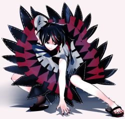 Rule 34 | 1girl, bare legs, black hair, closed mouth, cone horns, fighting stance, fingernails, full body, horns, ikurauni, kijin seija, legs apart, long skirt, looking at viewer, multicolored clothes, multicolored hair, multicolored skirt, nail polish, no socks, red eyes, red hair, red nails, sandals, serious, shaded face, shirt, short hair, short sleeves, skirt, solo, streaked hair, toenail polish, toenails, touhou, white hair, white shirt