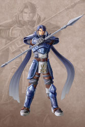 Rule 34 | 1boy, armor, armored boots, bara, beard, belt, blue hair, boots, cape, chest plate, facial hair, fire emblem, fire emblem: new mystery of the emblem, fire emblem: shadow dragon and the blade of light, gauntlets, highres, loincloth, male focus, mature male, muscular, muscular male, nintendo, pants, polearm, shoulder armor, solo, spear, weapon, wrinkled skin, zelo-lee