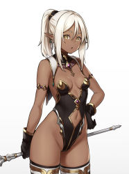 Rule 34 | 1girl, bare shoulders, black gloves, boots, breasts, breasts apart, center opening, clothing cutout, cowboy shot, dark-skinned female, dark elf, dark skin, earrings, elf, female focus, gloves, gold trim, gradient background, hand on own hip, high ponytail, highleg, highleg leotard, highres, holding, houtengeki, jewelry, leotard, long hair, looking at viewer, navel, navel cutout, no bra, no panties, original, parted lips, pointy ears, ponytail, revealing clothes, sidelocks, simple background, small breasts, solo, staff, standing, strapless, strapless leotard, thigh boots, thighhighs, white background, white hair, yellow eyes