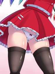 Rule 34 | 1girl, absurdres, black thighhighs, cameltoe, commentary request, contrapposto, crystal, dokushu yanagi5322, feet out of frame, flandre scarlet, gluteal fold, highres, hip focus, lower body, panties, petticoat, pink background, red skirt, red vest, simple background, skindentation, skirt, solo, thighhighs, thighs, touhou, underwear, upskirt, vest, white panties, wings