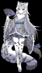 Rule 34 | 1girl, absurdres, ahoge, animal ear fluff, animal ears, animal print, arm at side, black background, black hair, blue eyes, closed mouth, expressionless, extra ears, folding fan, frilled kimono, frilled sleeves, frills, full body, fur collar, grey hair, hand fan, hand up, highres, hime cut, holding, holding fan, japanese clothes, kemono friends, kimono, long hair, long tail, looking at viewer, low-tied long hair, miniskirt, multicolored hair, obi, okobo, pleated skirt, print kimono, print skirt, print thighhighs, sandals, sash, simple background, skirt, sleeves past fingers, sleeves past wrists, snow leopard (kemono friends), snow leopard ears, snow leopard girl, snow leopard tail, solo, spotted tail, straight-on, tail, thighhighs, very long hair, vulpesgentiana, walking, white hair, wide sleeves, zettai ryouiki